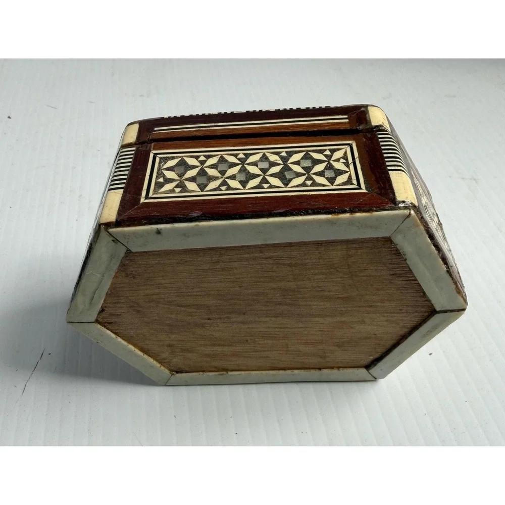 Vintage Egyptian Handmade Wood Jewelry Box Hexagon Mother of Pearl Inlay Mosaic